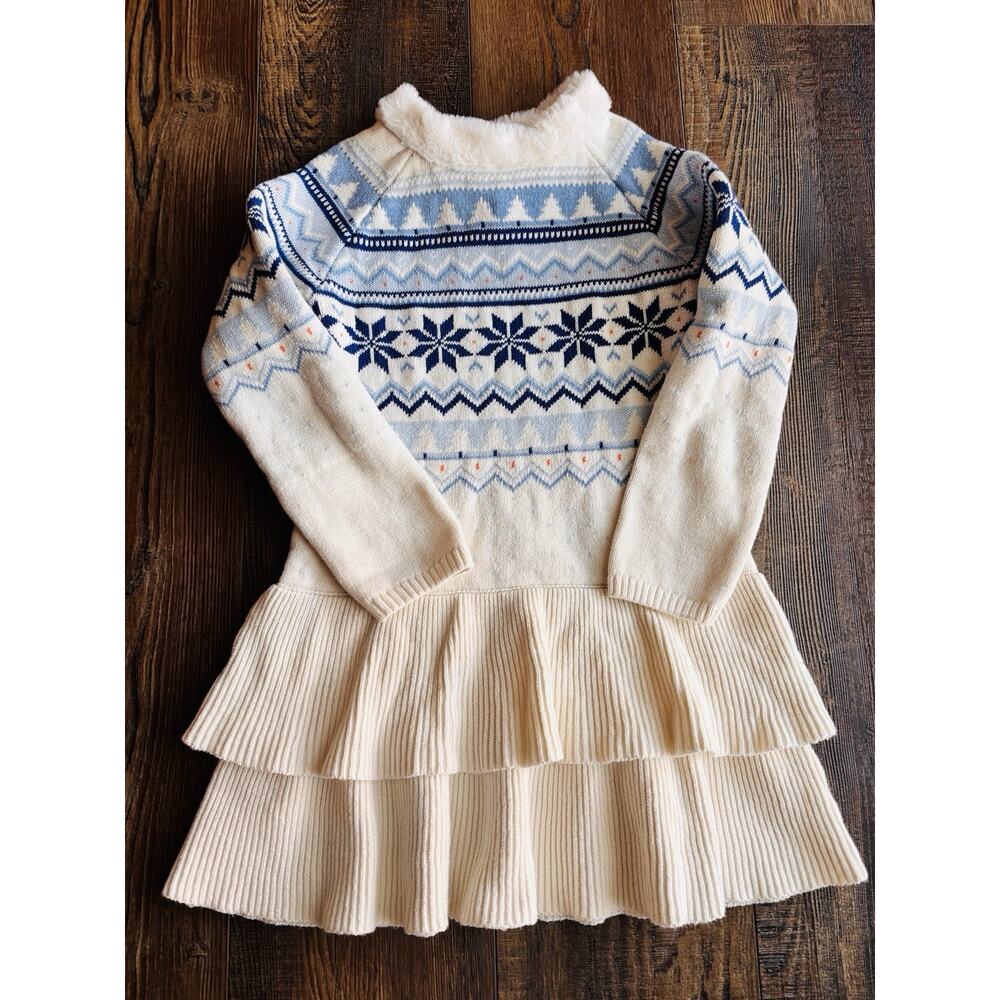 GYMBOREE Fair Isle Sweater Dress Tiered Snowflake Christmas Tree Fur Girls 7